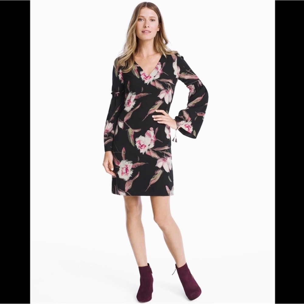 White House Black Market Long Bell Sleeve Rose Floral Shift Dress